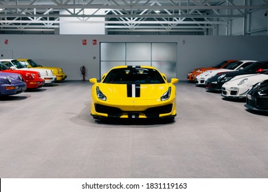 Maranello, Italy - October 11th, 2020 : Rare Yellow Ferrari 488 Pista Car Garage