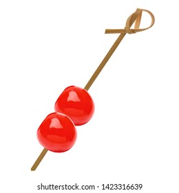 Maraschino Cherries On Bamboo Cocktail Stick Isolated On White Background Including Clipping Path