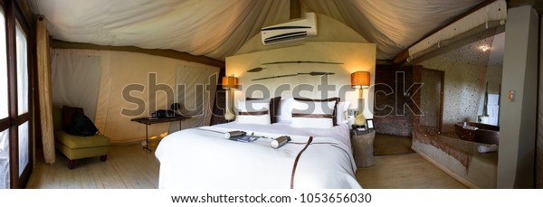 MARATABA, MARAKELA, SOUTH AFRICA - MARCH 2, 2016:
The bedroom of a tented lodge, at the Marataba Safari Lodge, in the
Marakele National
Park.