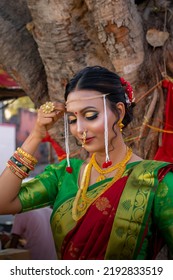 Marathi Bride In Green Wedding Dress Close Up Portrait