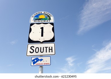 Marathon Key, Fl, USA - March 16, 2017: Florida Scenic Highway Number One Sign On Florida Keys, United States