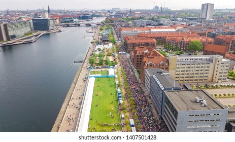 Marathon Running Race, Aerial View Of Start And Finish Line With Many Runners From Above, Road Racing, Sport Competition, Copenhagen Marathon, Denmark