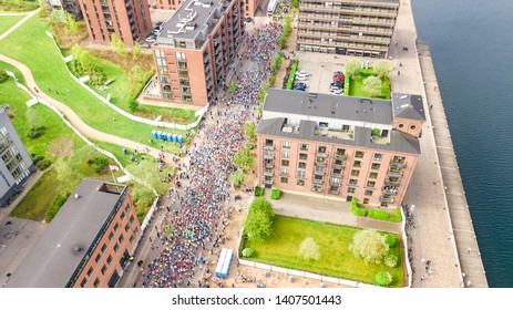 Marathon Running Race, Aerial View Of Start And Finish Line With Many Runners From Above, Road Racing, Sport Competition, Copenhagen Marathon, Denmark