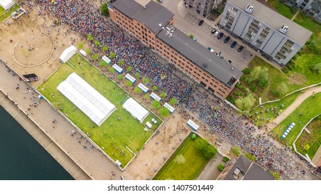 Marathon Running Race, Aerial View Of Start And Finish Line With Many Runners From Above, Road Racing, Sport Competition, Copenhagen Marathon, Denmark