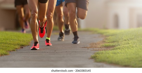 Marathon Running Race, Athletes Running On City Sidewalk