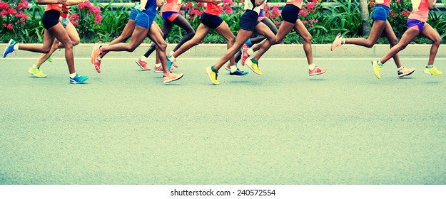 Marathon Running Race, People Feet On City Road 