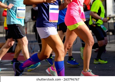 Marathon Running Race, People Feet On Road, Women Run,  Sport, Fitness And Healthy Lifestyle Concept 