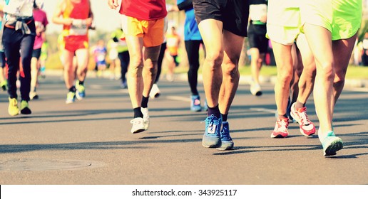 Marathon Running Race, People Feet On City Road