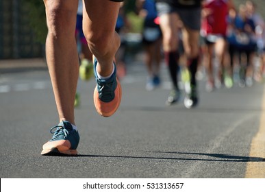 Marathon Running Race, People Feet On City Road