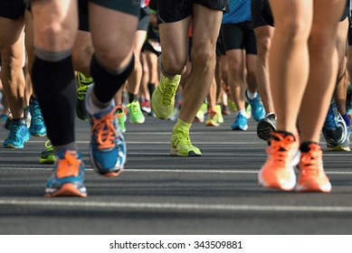 Marathon Running Race, Runners Feet On Road