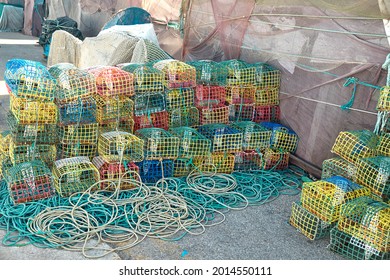 Marbella, Malaga July 16, 2021, Traps for catching octopuses on fishing boats in the fishing port of Marbella, Marina La Bajadilla
