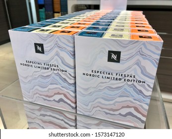 Marbella, Malaga / Spain - 11 28 2019: Nespresso Shop And Capsules In A Store In El Corte Ingles Puerto Banus Marbella, Special Edition Coffee, Nordic Limited Edition