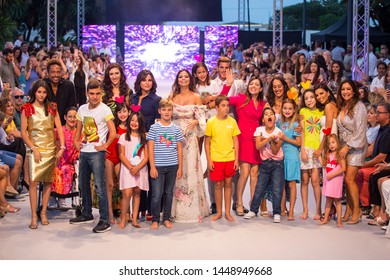 Marbella, Malaga / Spain - July 11 2019 : Marbellla Fashion Show Charity Event in Puerto Banus Marbella with Eva Longoria as ambassador Guest. Global Gift Foundation and Eva Longoria Fondation.