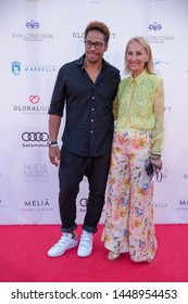 Marbella, Malaga / Spain - July 11 2019 : Marbella Fashion Show Charity Event in Puerto Banus Marbella with Gary Dourdan as guest and Maria Jose Gonzales from Nueva Moda Production