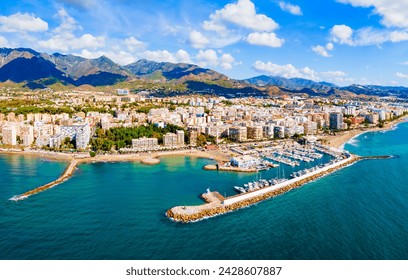 Marbella marina aerial panoramic view. Marbella is a city in the province of Malaga in the Andalusia, Spain.