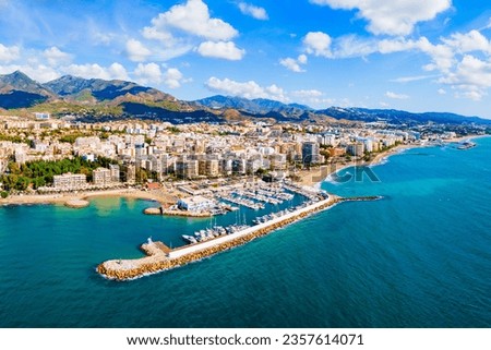 Marbella marina aerial panoramic view. Marbella is a city in the province of Malaga in the Andalusia, Spain.
