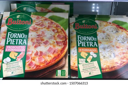 Marbella, Spain - 09 04 2019: Boxes Of Brand Buitoni Frozen Pizza With Different Flavors At A Local Supermarket In Marbella Southern Spain