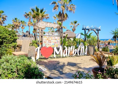 Marbella, Spain April 9, 2022 I Love Marbella sign in Guadalpin Banus hotel beach, between Puerto Banus and San Pedro Alcantara
