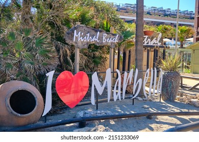 Marbella, Spain April 9, 2022 I Love Marbella sign in Guadalpin Banus hotel beach, between Puerto Banus and San Pedro Alcantara