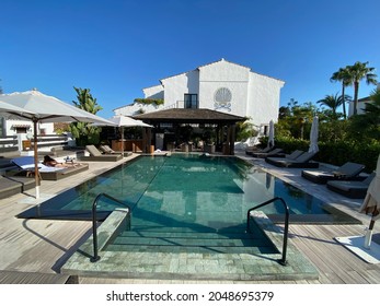 Marbella, Spain - August 3 2021: The Nobu Hotel Swimming Pool