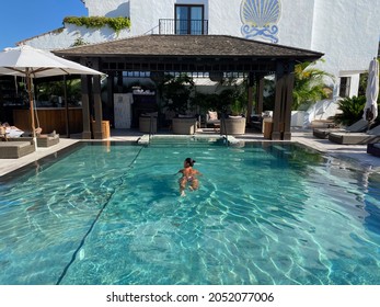 Marbella, Spain - August 3 2021: The Nobu Hotel Swimming Pool