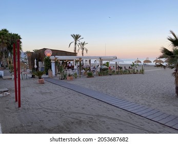 Marbella, Spain - August 3 2021: A Restaurant On The Beach Of Costa Del Sol