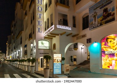 Marbella, SPAIN - July 16 2020: Beautiful streets of Puerto Banus at night. Hotel Benabola with Moschino Store. Night photography in the most expensive and luxury location of Marbella. Lifestyle 