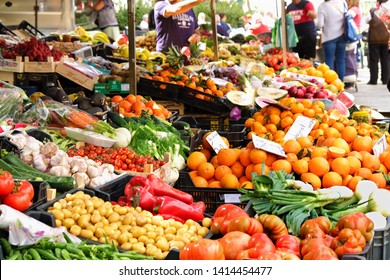 Marbella, Spain - March 18, 2019: Fresh fruit and vegetable local market in southern Spain