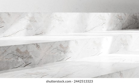 Marble abstract platform steps, empty place space podium table - empty mock up display for product placement and design with sunlight beams and shadows, marble table background