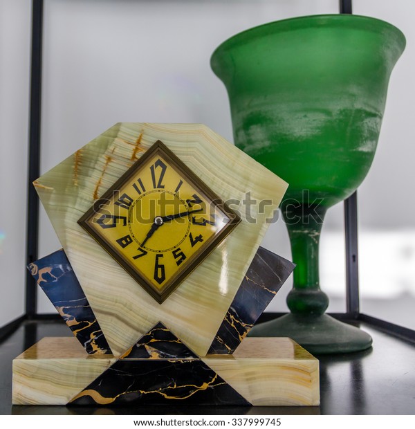 Marble Art Deco Fireplace Clock Green Vintage Technology Stock