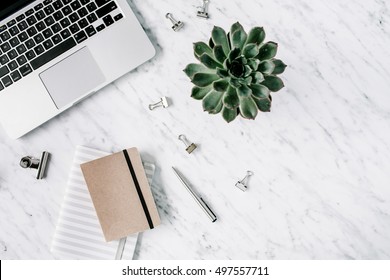 Marble background workspace. Flat lay, top view office table