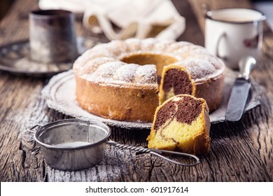 Marble Cake Cup Of Coffee Powder Sugar And Kitchen Vintage Utensil.