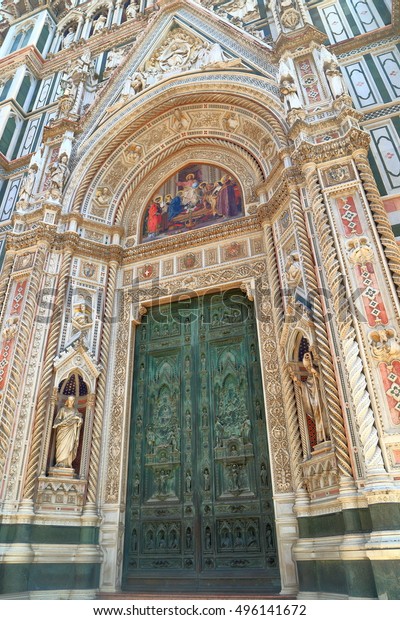 Marble Carvings Decorating Entrance Cathedral Santa Stock Photo