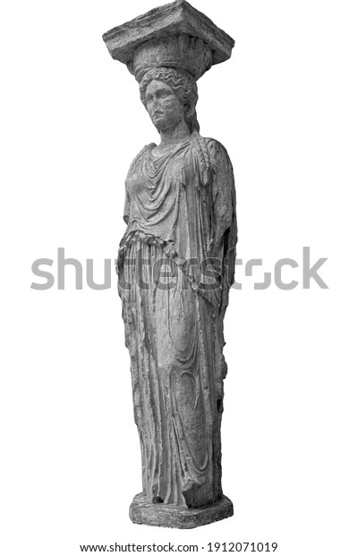 Marble column Caryatid isolated on a white\
background. Ancient greek stone\
sculpture