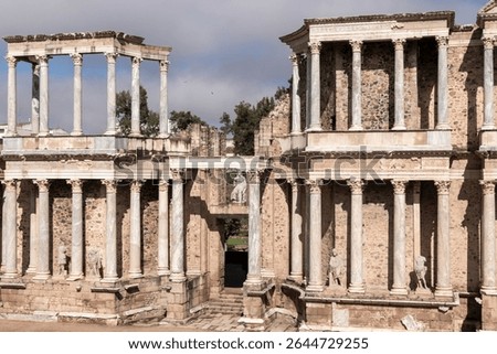 Marble columns and statues decorating the scaenae frons of the roman theatre in mérida, spain, a unesco world heritage site
