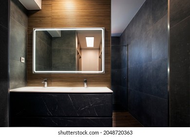 Marble Double Sink Vanity With Mirror With Light In Grey And Brown Bathroom Design