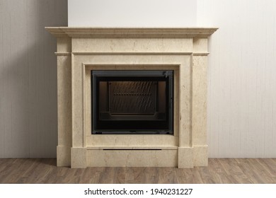 Marble fireplace with a cast iron insert with glass door on the parquet floor against the background of a white wall