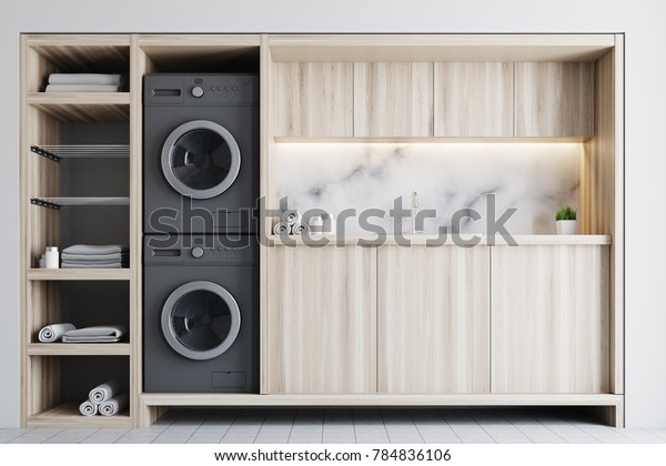 Marble Laundry Room Interior Wooden Countertops Stock Photo Edit