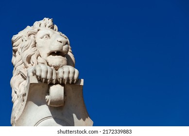 Marble Lion Statue, Erected In 1875 In Pisa Historical Center (with Blue Sky And Copy Space)