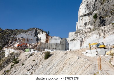 Marble Mine in Italy - Working marble mine in the Italian Alps near Carrara in Tuscany in Italy.  Carrara marble is widely recognized for its superior quality. - Shutterstock ID 417879379