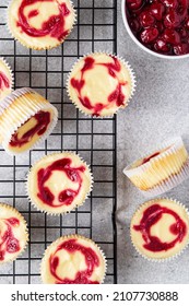 Marble Mini Cheesecake With Cherry Jam. One Bite Dessert. Tiny Cheesecakes With Berry. Valentine Homemade Present. Top View.