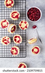 Marble Mini Cheesecake With Cherry Jam. One Bite Dessert. Tiny Cheesecakes With Berry. Valentine Homemade Present. Top View.