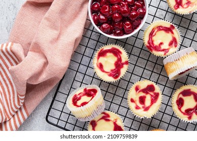 Marble Mini Cheesecake With Cherry Jam. One Bite Dessert. Tiny Cheesecakes With Berry. Valentine Homemade Present. Top View.