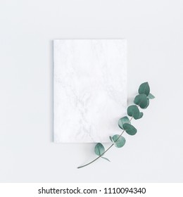 Marble paper blank, eucalyptus branches on pastel gray background. Flat lay, top view, square, copy space - Shutterstock ID 1110094340