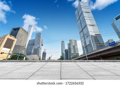 Marble platform and skyscrapers, Beijing CBD, China.