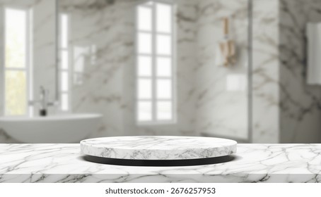Marble podium and round table for displaying products with a frosted bathroom window interior background