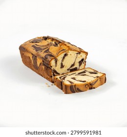 A marble pound cake loaf with two slices cut, showcasing the chocolate and vanilla swirled pattern inside, on a plain white background.