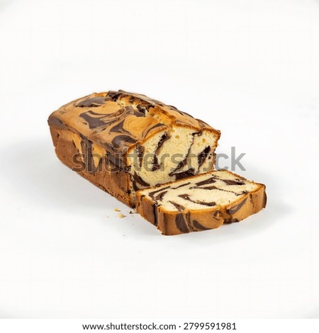 A marble pound cake loaf with two slices cut, showcasing the chocolate and vanilla swirled pattern inside, on a plain white background.