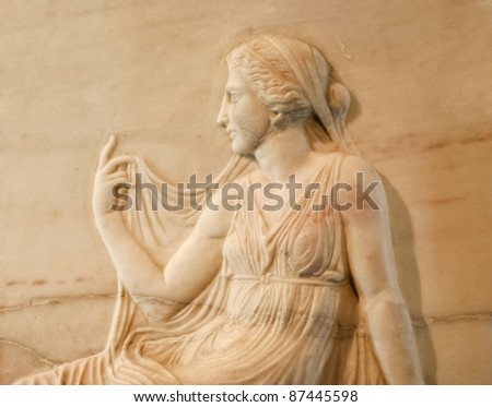 Marble relief of roman woman - Excavated at Herculaneum near Pompejii. Both cities near Naples in Italy were destroyed by the eruption of Vesuvius in 79AD.