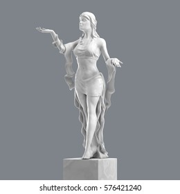 Marble Sculpture Of A Beautiful Young Woman With Elegant Folds Of Clothing. Statue Of Goddess In A Classical Style Isolated. 3D Rendering